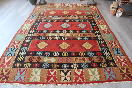 Large Kilim Rug, Vintage Sarkoy Kilim, Turkish Ethnic Anatolian Boho Style Decoration/6'6"x8'8" Feet N-534