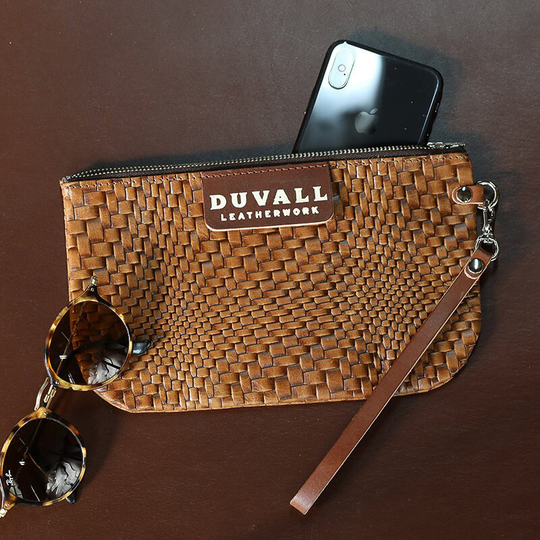 Leather Wristlet With Strap, Zipper Top Brown Clutch, Small For Women, Made in Usa, Handmade Gift, Unique Woven