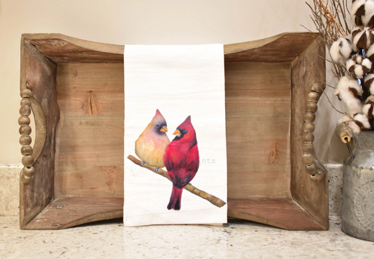 Two Cardinals Flour Sack Tea Towel, Watercolor 27x27 Inch 100% Cotton Red Kitchen Dish Hostess Gift
