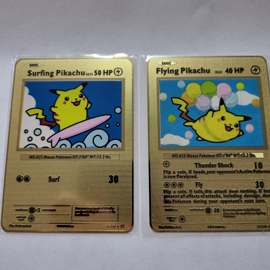 Flying Pikachu & Surfing Gold Metal Cards