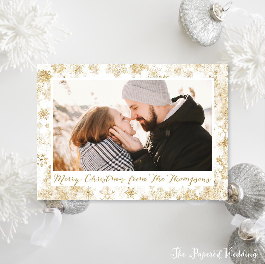 Printable Or Printed Photo Christmas Cards - Gold Snowflakes With One Picture Snowflake Border Landscape Card 038 P1