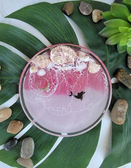 Glass Epoxy Resin Waves 6" Dolphin Trinket Jewelry Dish With Real Shells Beach Decor Gift Idea One Of A Kind Ocean Living