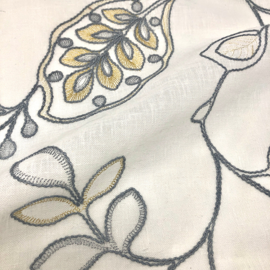 Leaf Floral Embroidery Linen Blend Sheer Fabric By The Yard, Curtain, Drapery, Home Decor, Table Top, 54" Width