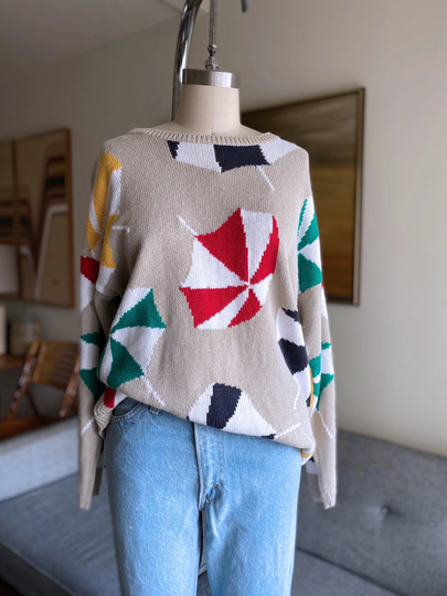 Vintage Cotton Blend Sweater, Umbrella Pattern, Perry Ellis, M L