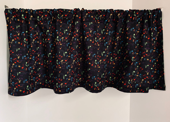 Valance Bright Color Music Notes On Black Background Custom Made Window Treatment 42 Inches W X 14 L