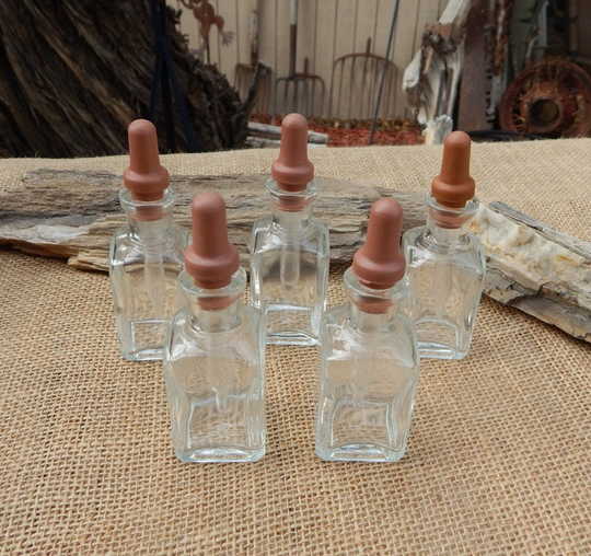 5 Vintage Square Glass Dropper Bottles/Eye Stopper Nos Free Shipping
