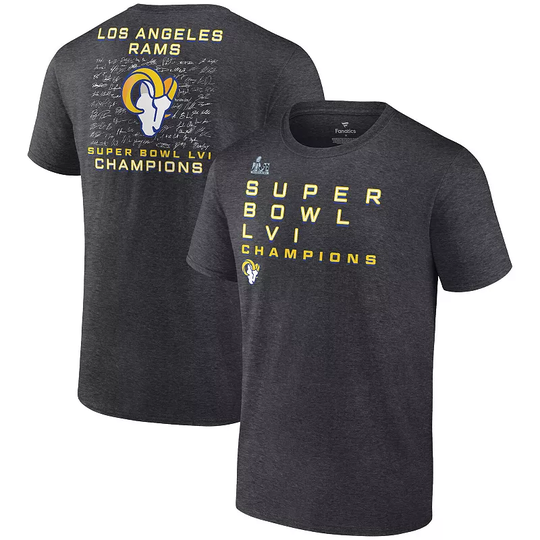 Men's Fanatics Branded Heathered Charcoal Los Angeles Rams Super Bowl LVI Champions Roster Signature T-Shirt, Size: 3XL, Grey