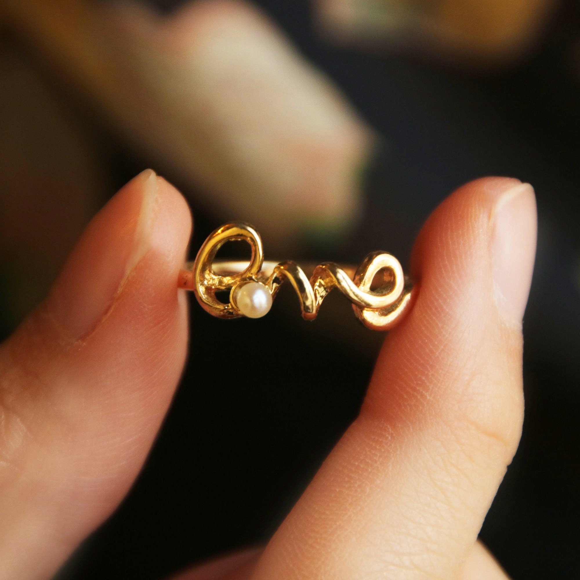 Love Ring, Dainty Gold Scrip Love Sterling Silver Promise Ring