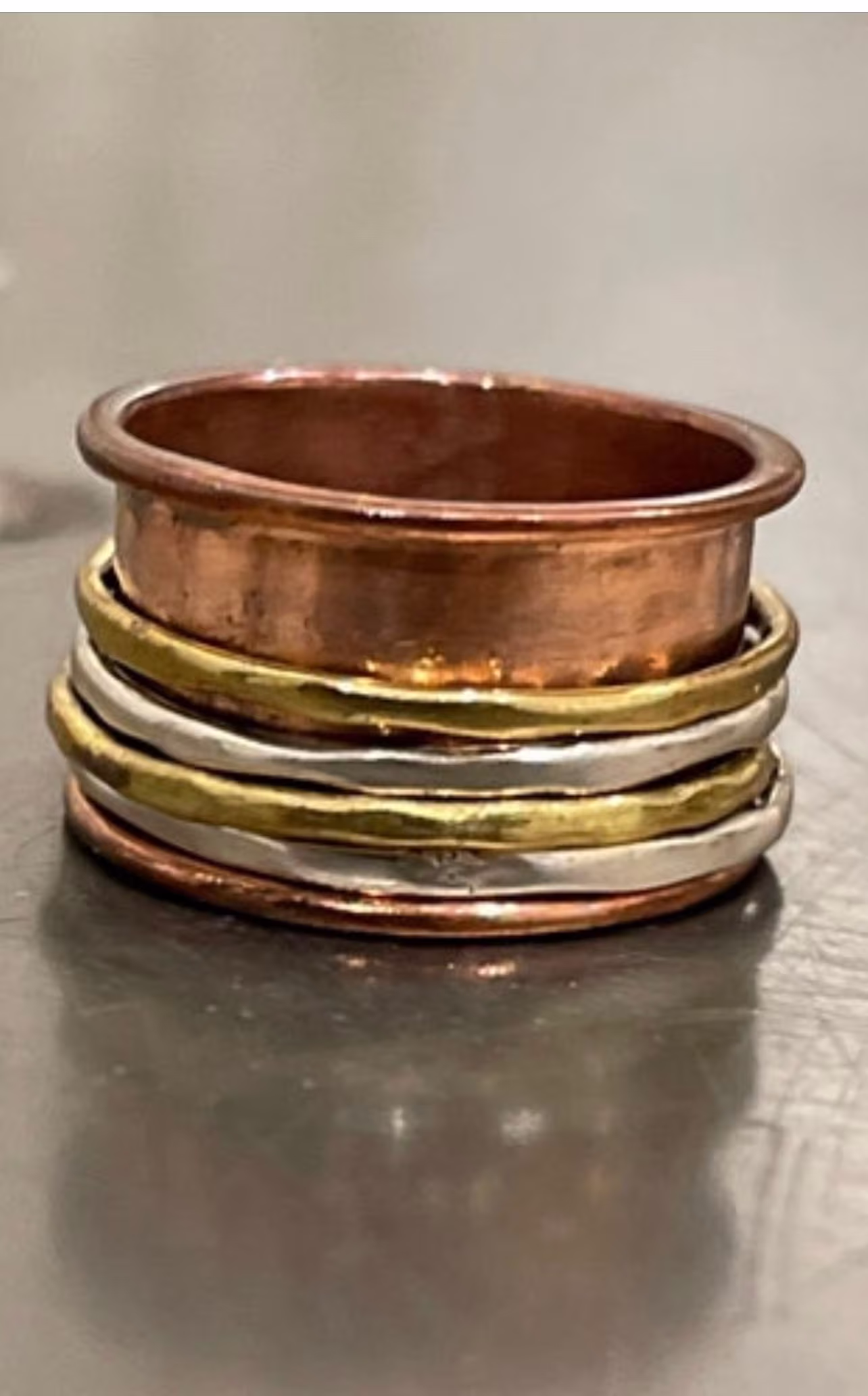sterling Silver, Copper, & Gold Finish Silver Spinner Band in A Tri-Color