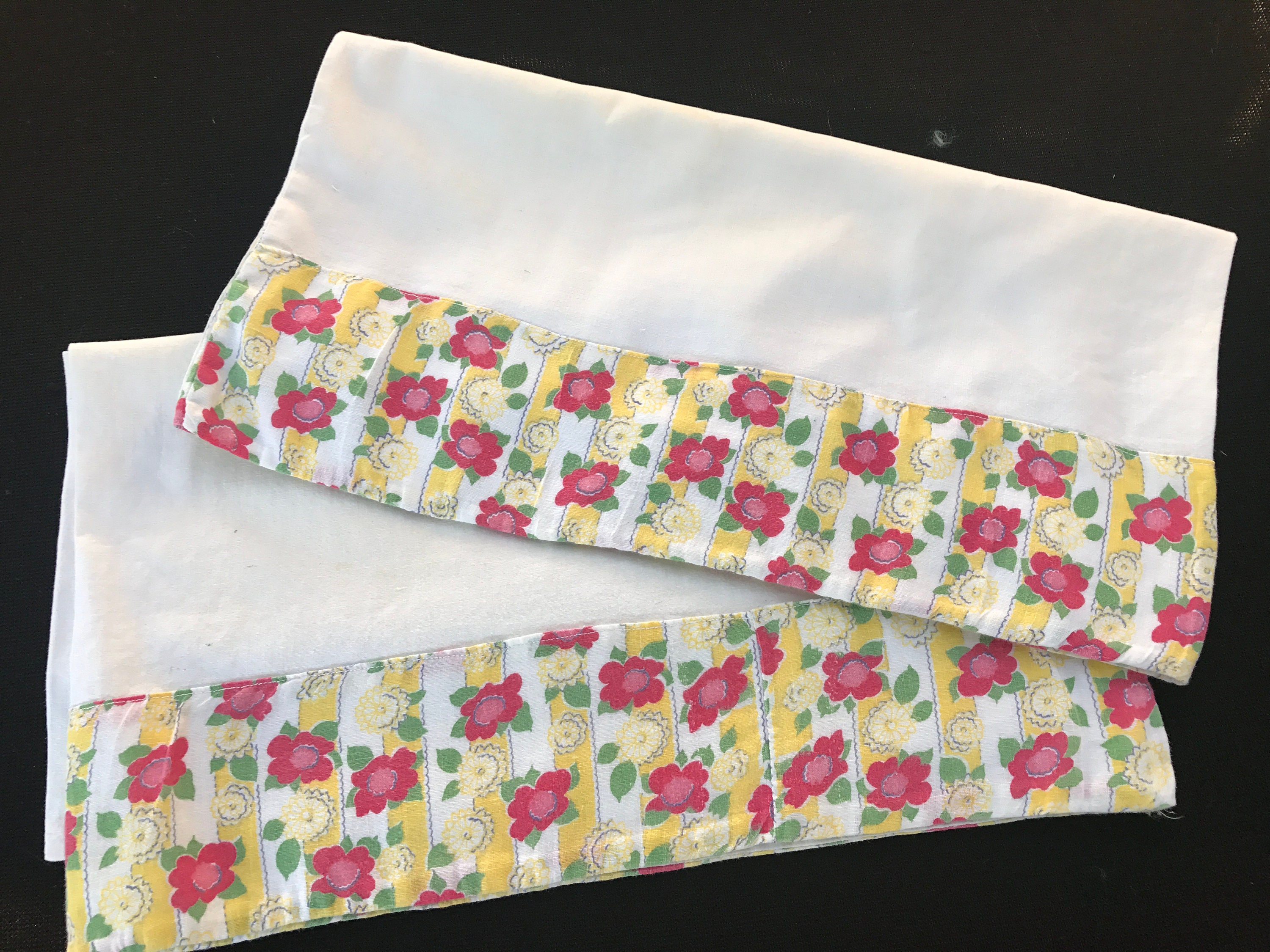 Pair Of Vintage White Cotton Blend Pillowcases With Red & Yellow Floral Border Print