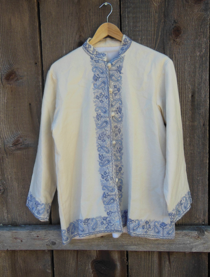 60S Vintage Wool Tunic/Loose Embroidered Jacket Coat Sweater Cardigan Floral Paisley Yarn Boho Bohemian Eclectic Hippie Festival M