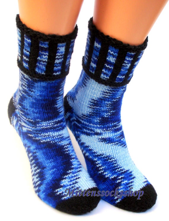 Hand Knitted Blue Black Socks Women's Socks Girl's Men's Colorful Warm Winter Gift