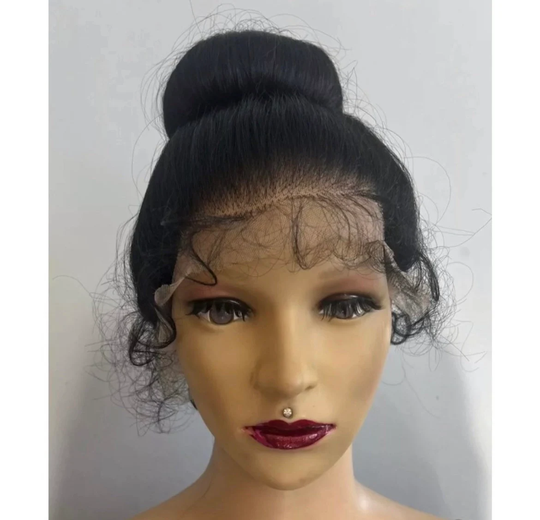 Long Wavy Black Human Hair Blend 360 Lace 13x4 Parting Daily Wig Arrives in Bun