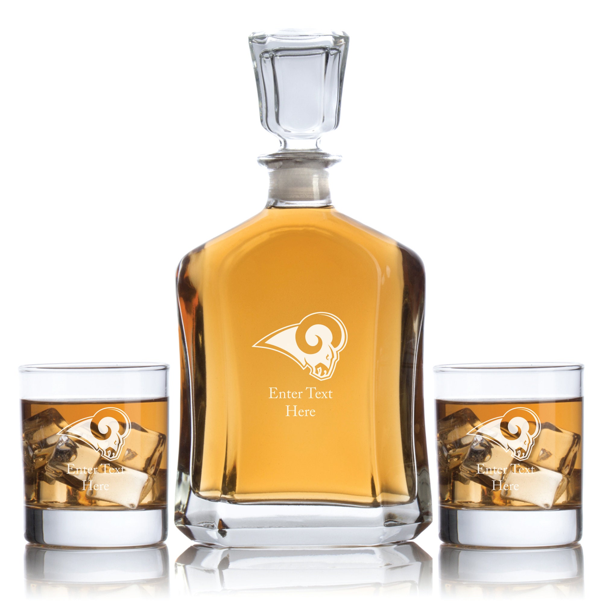 Personalized Rams Barware With Optional Configurations Whiskey Glasses, Decanter Set - Football Fanatic Man Cave Gift Ideas