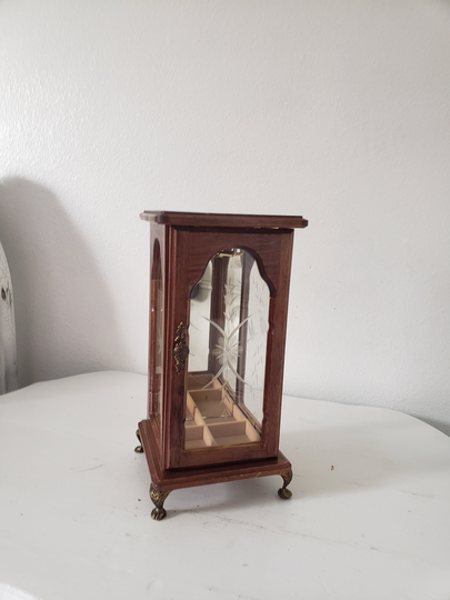 Vintage Powell Wood Curio Necklace/Ring Holder/Etched Glass Door/Panel Inserts