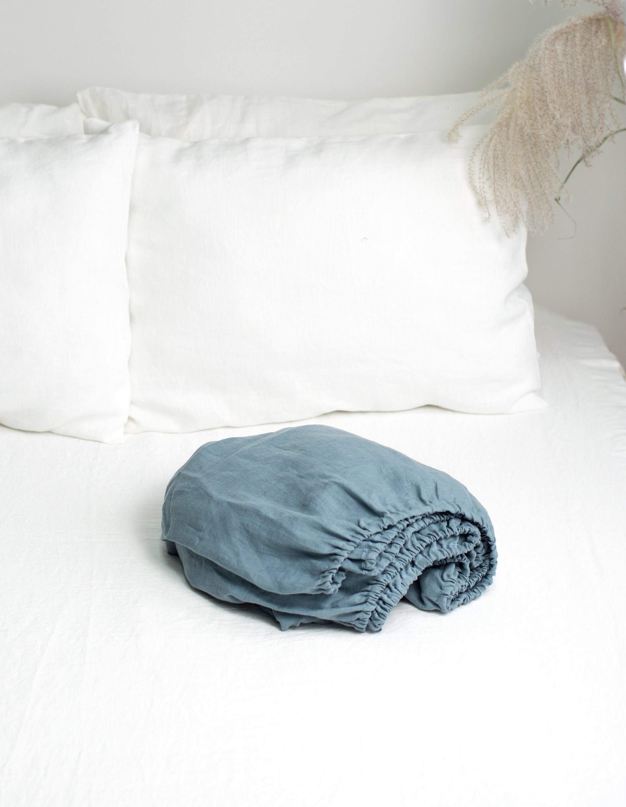Dusty Blue Linen Fitted Sheet. Soft Linen Sheet in King, Queen, Twin, Full, Double Sizes. Premium Stonewashed Light Blue Color Fitted Sheet