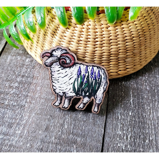 Lavender Ram Sheep Brooch, Needleminder; Knitting Stitching Nature Animal Retro Vintage Cameo Wood Lapel Coat Hat Pin