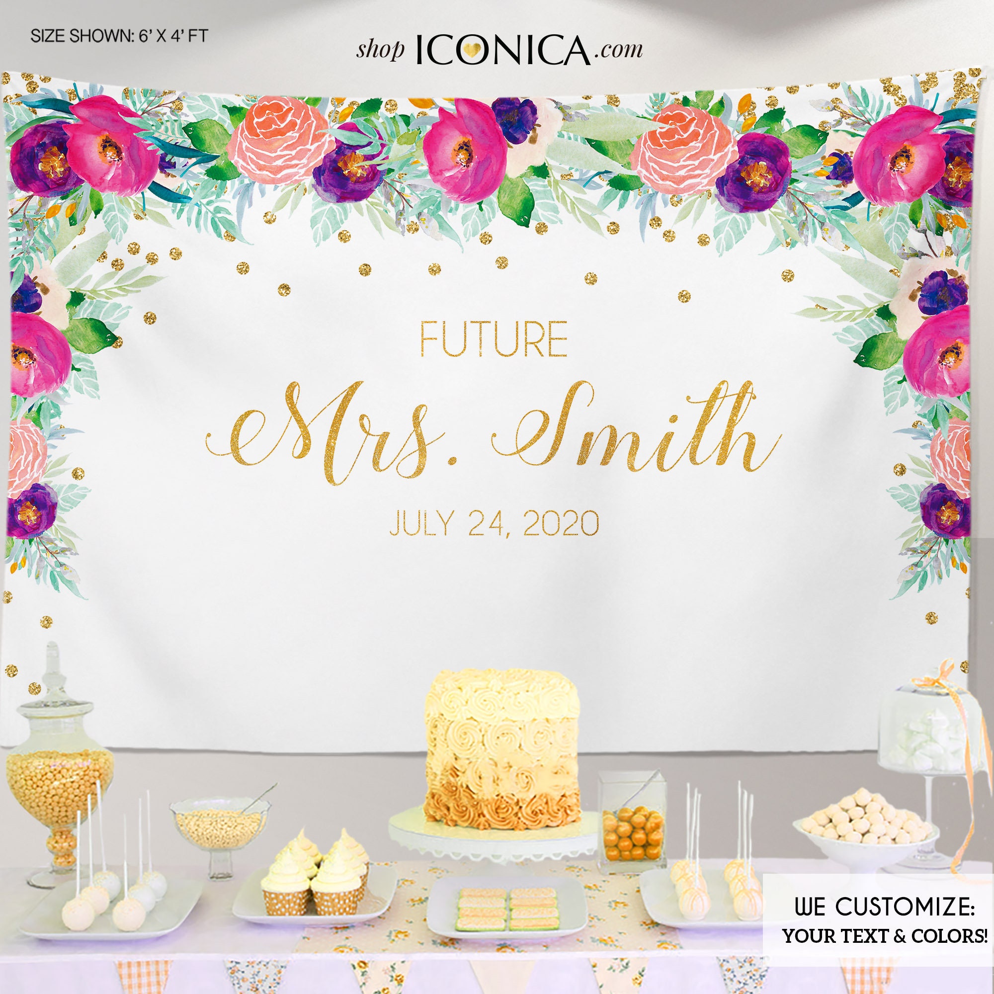 Floral Bridal Shower Backdrop, Garden Party - Pink Purple Dessert Table Banner Watercolor Flowers Printed Or Printable File Bbr0028