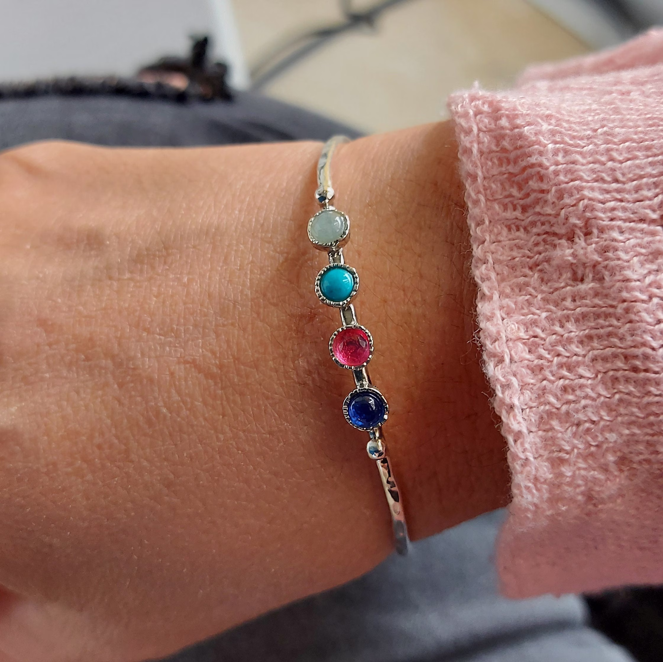 Bangle Bracelet, Silver Bracelet, Personalized Jewelry, Family Birthstone Bangle, Custom Jewelry, Christmas Gift For Mom