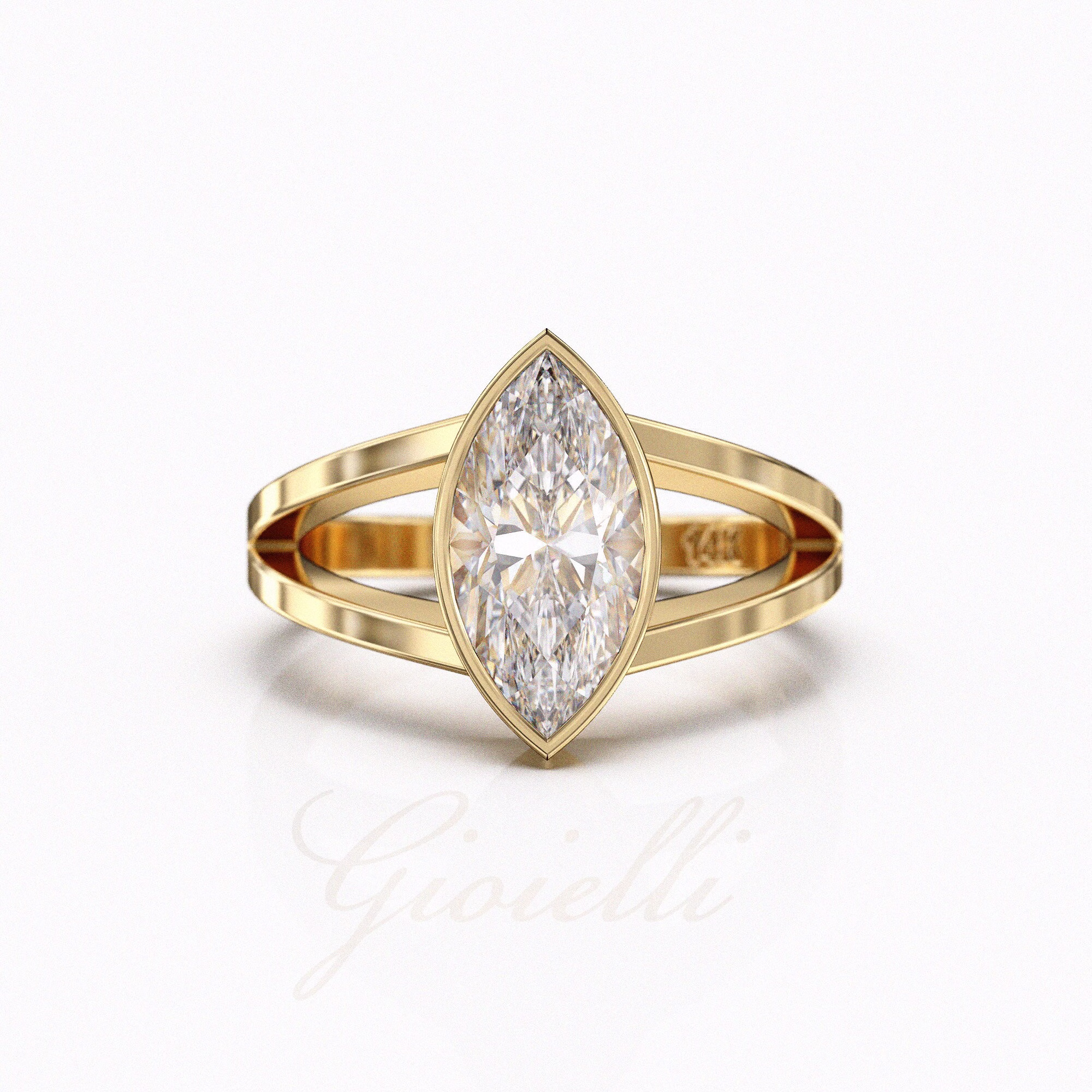 Marquise Cut Engagement Ring, 2Ct Solitaire Bezel Set Moissanite Split Shank 14K/18K Solid Gold