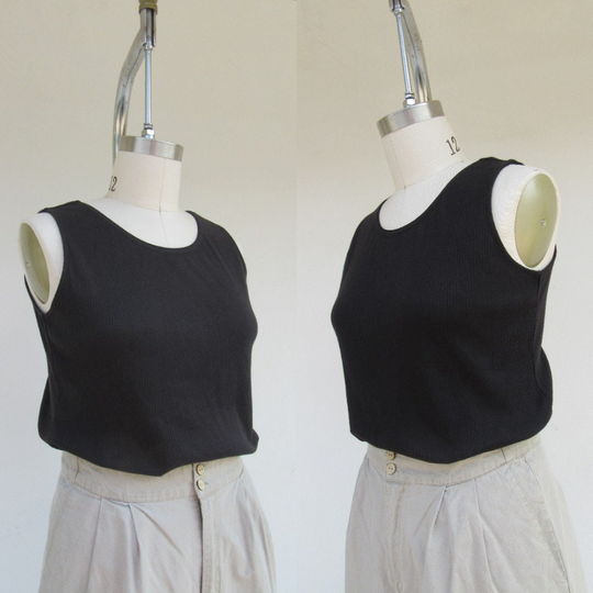 90S Black Ribbed Satin Trim Cotton Blend Shell Tank | Top Minimal Singlet Size L 14 16