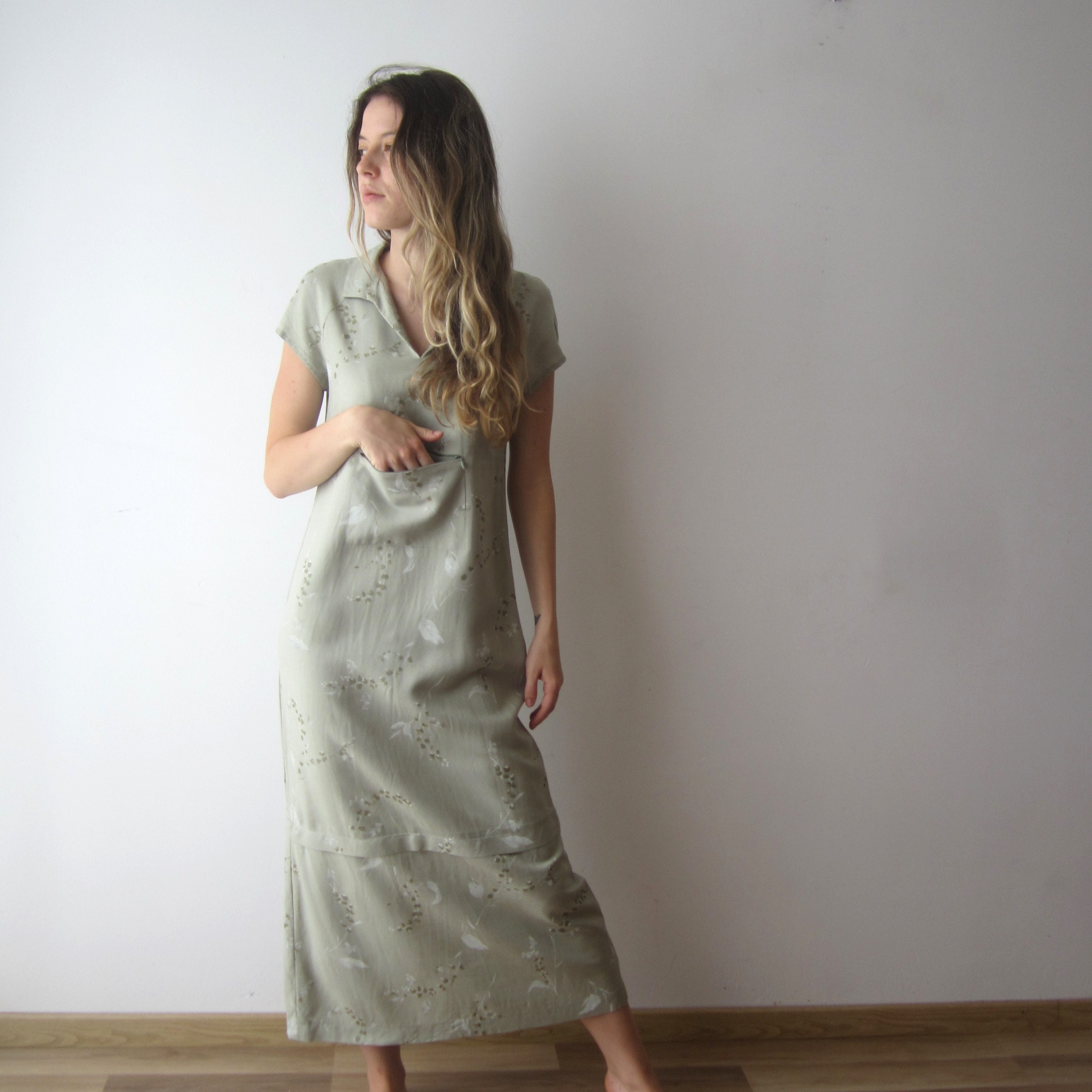 Vintage Linen Blend Dress Green Summer Midi Maxi Holiday Small Size Ladies Festival With Pockets