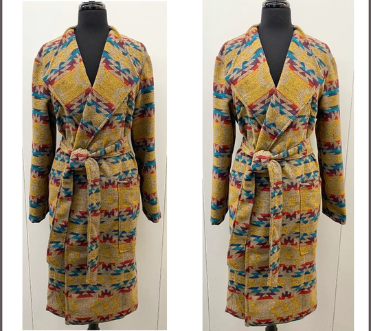 Wool Blend Trench Coat in Southwest Print Dark Beige With Yellow Blue Red & Purple Colors