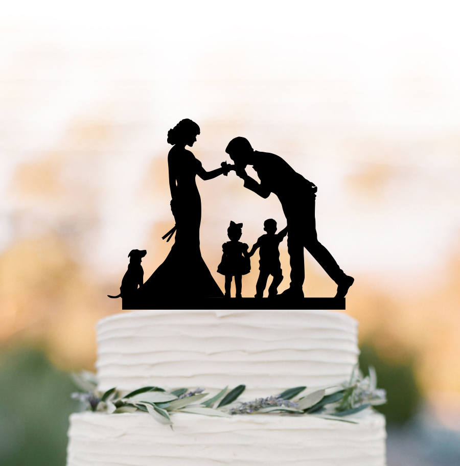 Family Wedding Cake Topper With Child Girl & Boy, Bride Groom For , Silhouette Cake Toppers With Dog Decor