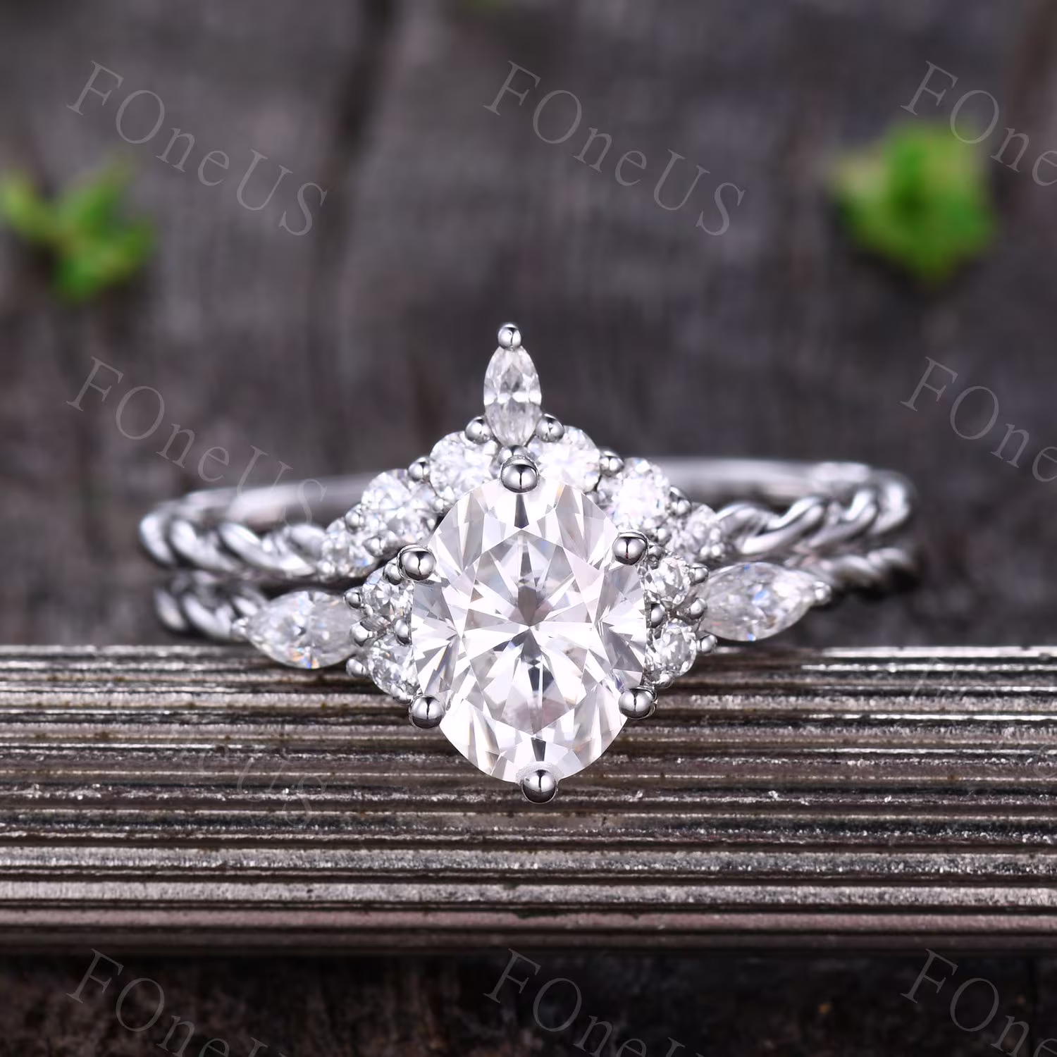 Oval Moissanite Engagement Ring Set Vintage Unique White Gold Women Twisted Weddding Cluster Bridal Promise