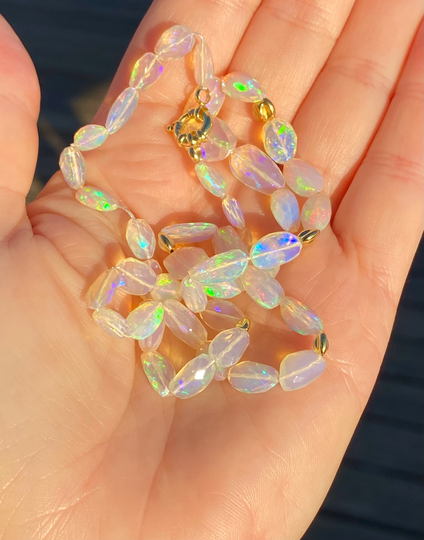 Ethiopian Opal & Solid Gold Necklace, Faceted Tumble Beads, 18K