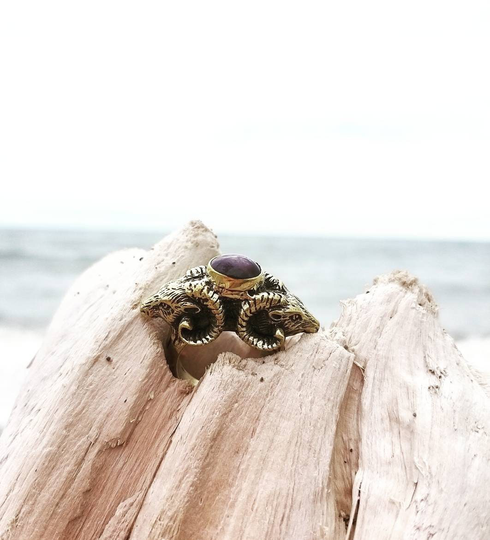 Double Rams Heads Ring, Goat Heads Hand Carved, Ancient Jewelry, Hellenistic Star Ruby Gemstone 5 1/2 Size, Gift
