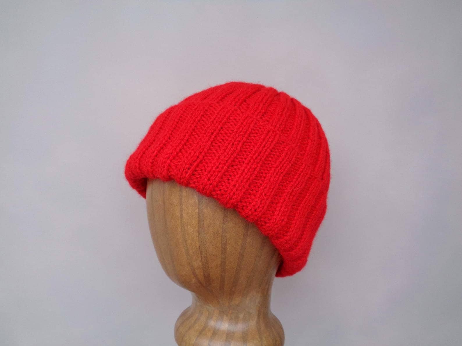 Bright Red Hat, Wool Blend, Hand Knit, Teens Men Women, Watch Cap Beanie, Jacques Cousteau, Comfortable Natural Fiber