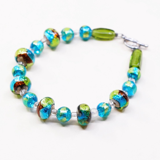 6.75", Vintage | 030048 925 Sterling Silver Beads Bracelet With Artisan Green Glass Toggle Closure, Stamped