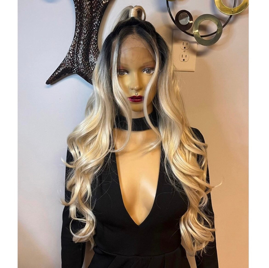 Long Wavy Ombré Blonde 360 Lace, 13x2 Parting Human Hair Blend Daily Wig