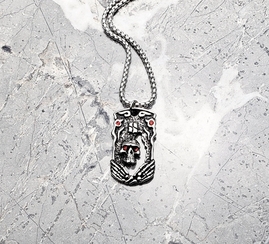 Men's "Garnet Skull Tag" Necklace| Pavé Garnet Cubic Zirconia Silver Stainless Steel Skull Dog Tag Pendant Box Chain