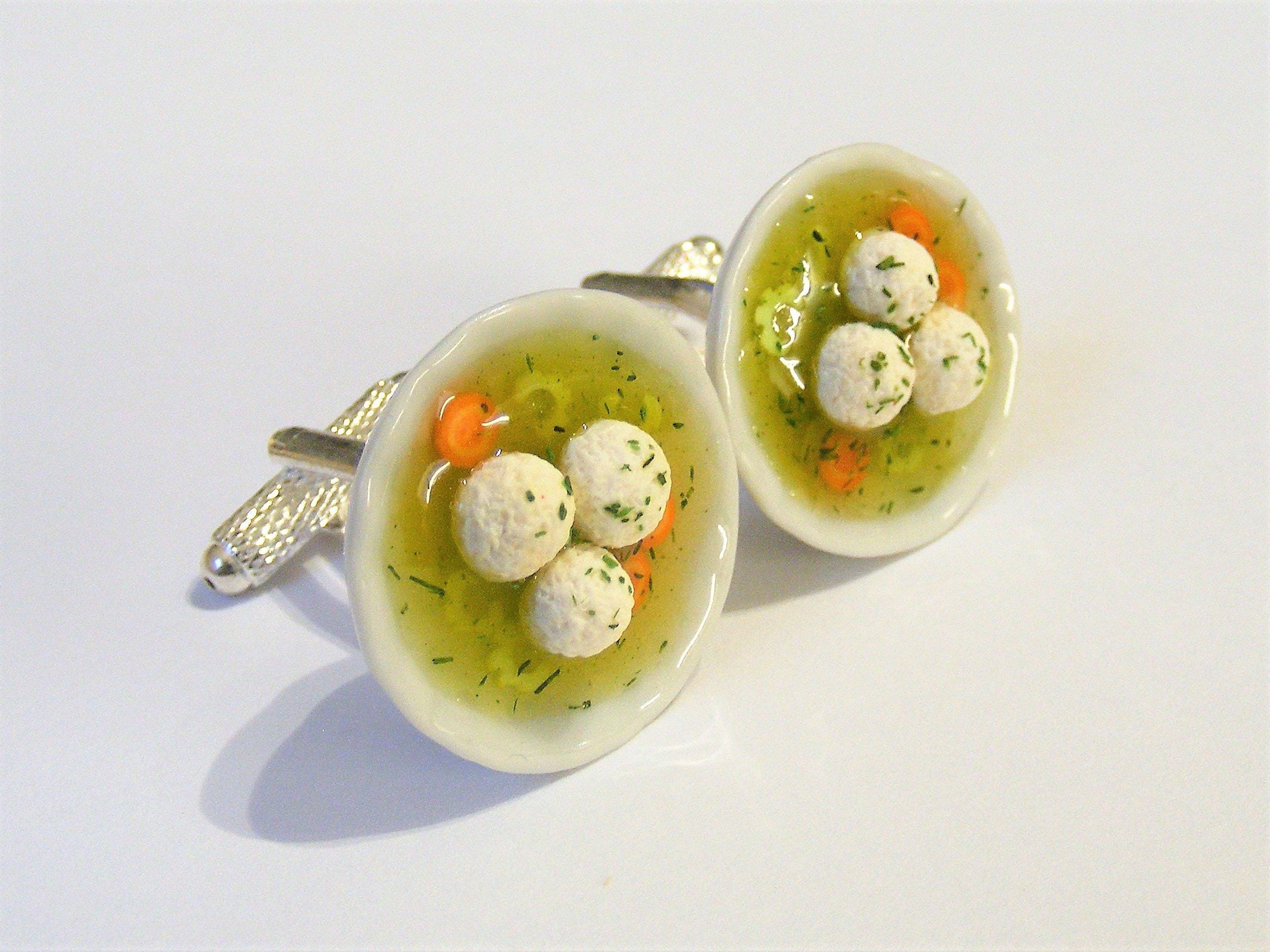 Food Jewelry Matzo Ball Soup Cuff Links, Matzah Soup Cufflinks, Kneydl, Knaidel, Kneidel, Miniature Jewellery, Mini Food, Polymer