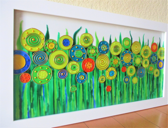 Spring Flowers 22x12 Abstract Glass Painting Green Painted Glass Modern Original Framed Art Wall Hanging