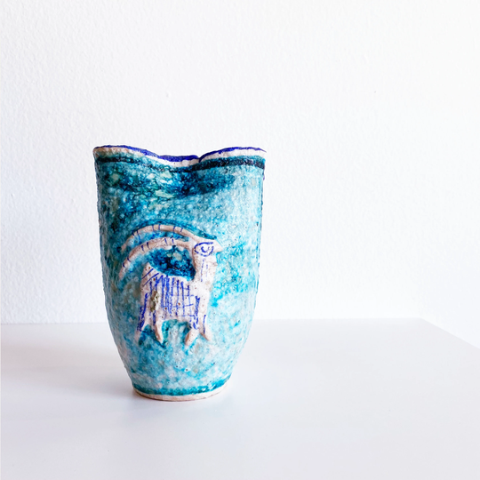 Mid-Century Modern Blue Ceramic Mountain Goat & Bird Spackle Glaze Art Vase - West German Lava Pottery Emons Sohne Style