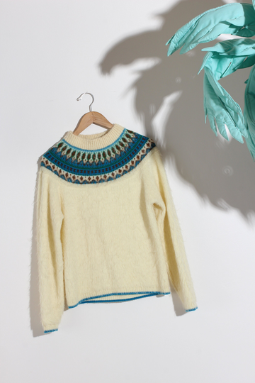 1970S Cream Mohair Blend Fair Isle Sweater