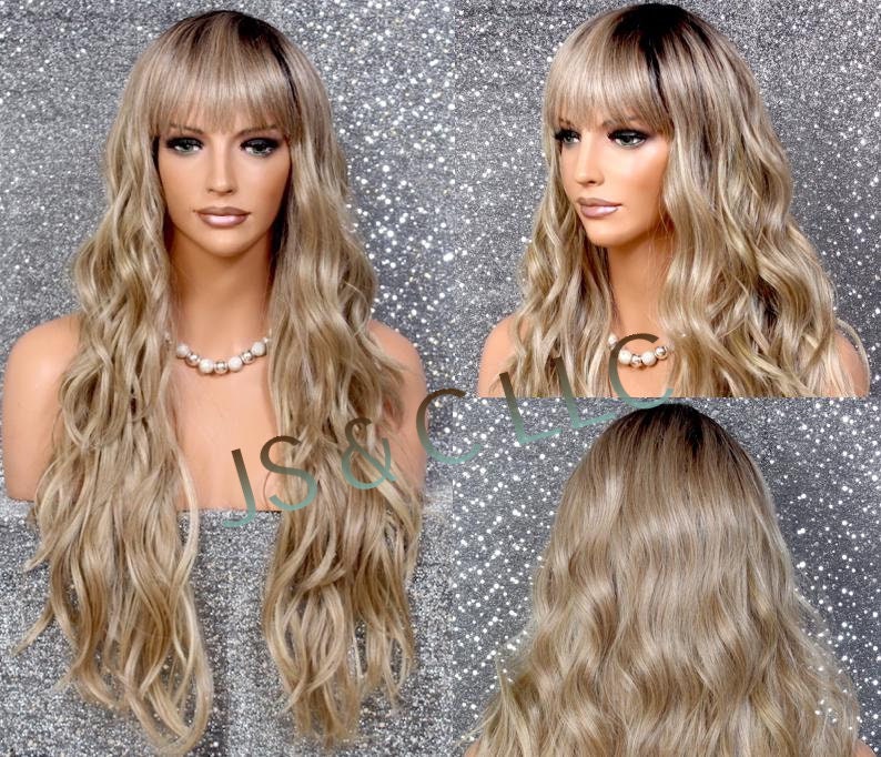 Blonde Brown Mixed Human Hair Blend Wig Long Looose Wavy Center Mono Hand Tide Dot Crown Cancer Alopecia Theatrical Anime Cosplay Emo