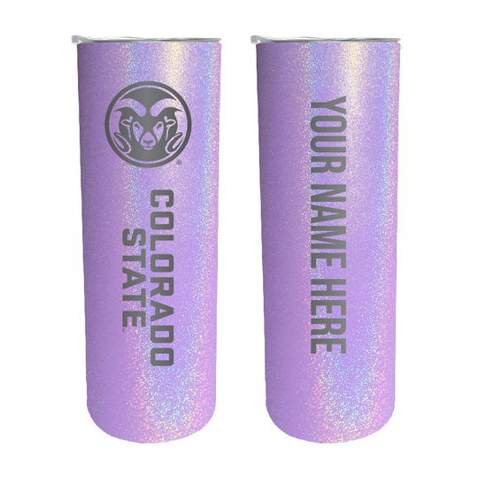 Colorado State Rams 20 oz Customizable Insulated Stainless Steel Skinny Tumbler - Rainbow Glitter Purple