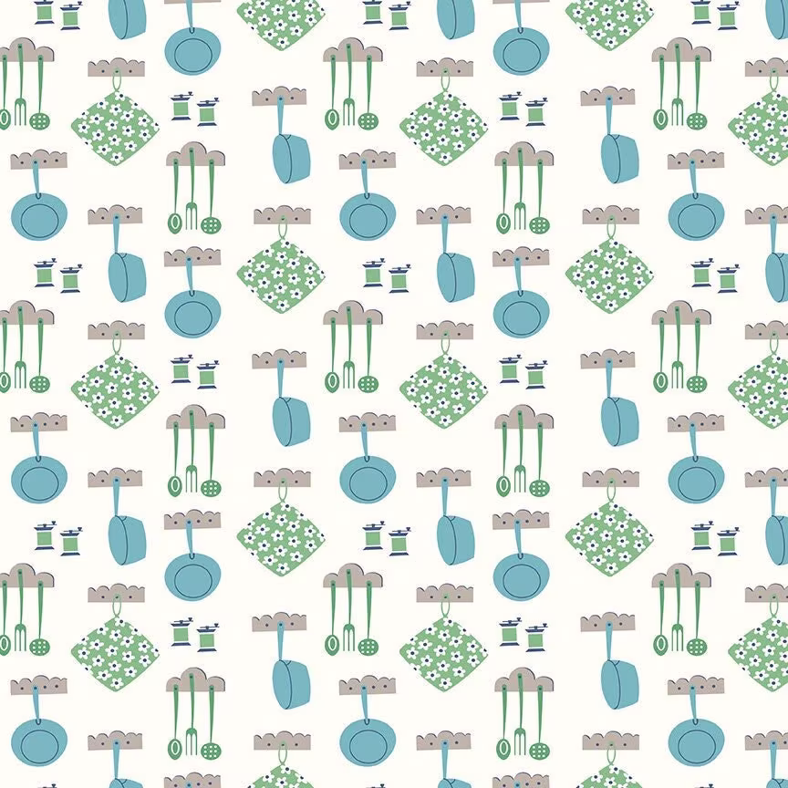 Lori Holt Cook Book Fabric By Riley Blake - White & Blue "Dinner" Kitchen The 1/2 Yard Or Fat Quarter