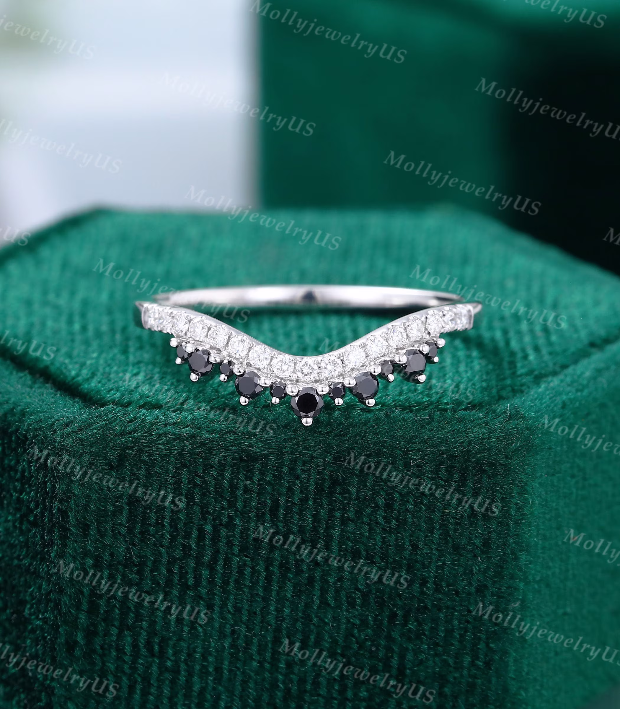 Curved Wedding Band White Diamond Black White Gold Vintage Ring Stacking Matching Unique Bridal Promise