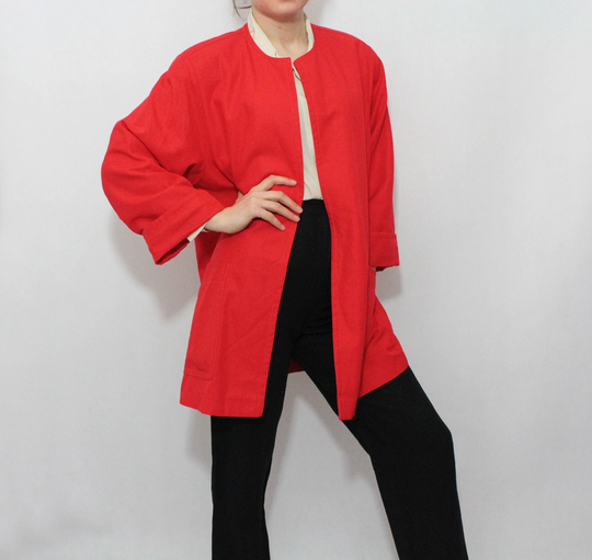 Vintage 90S Gloria Gläser Linen Blend Red Long Open Front Blazer Cape Jacket Coat Size M Oversize