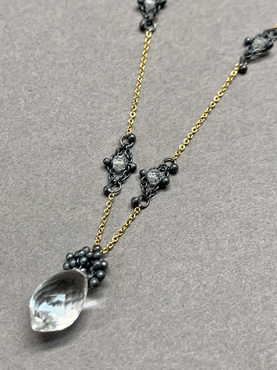 Caviar Dew Drop Woven Necklace in Quartz, 14K Yellow Goldfilled & Oxidized Sterling Silver