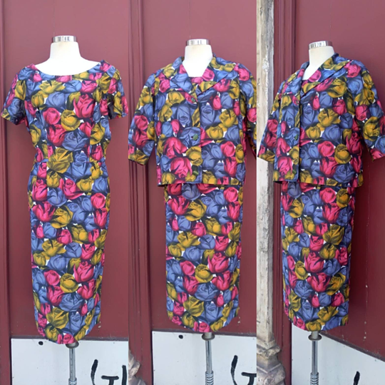 Vintage 50S, 60S Dress & Jacket Set, Floral Print, Bakelite Buttons