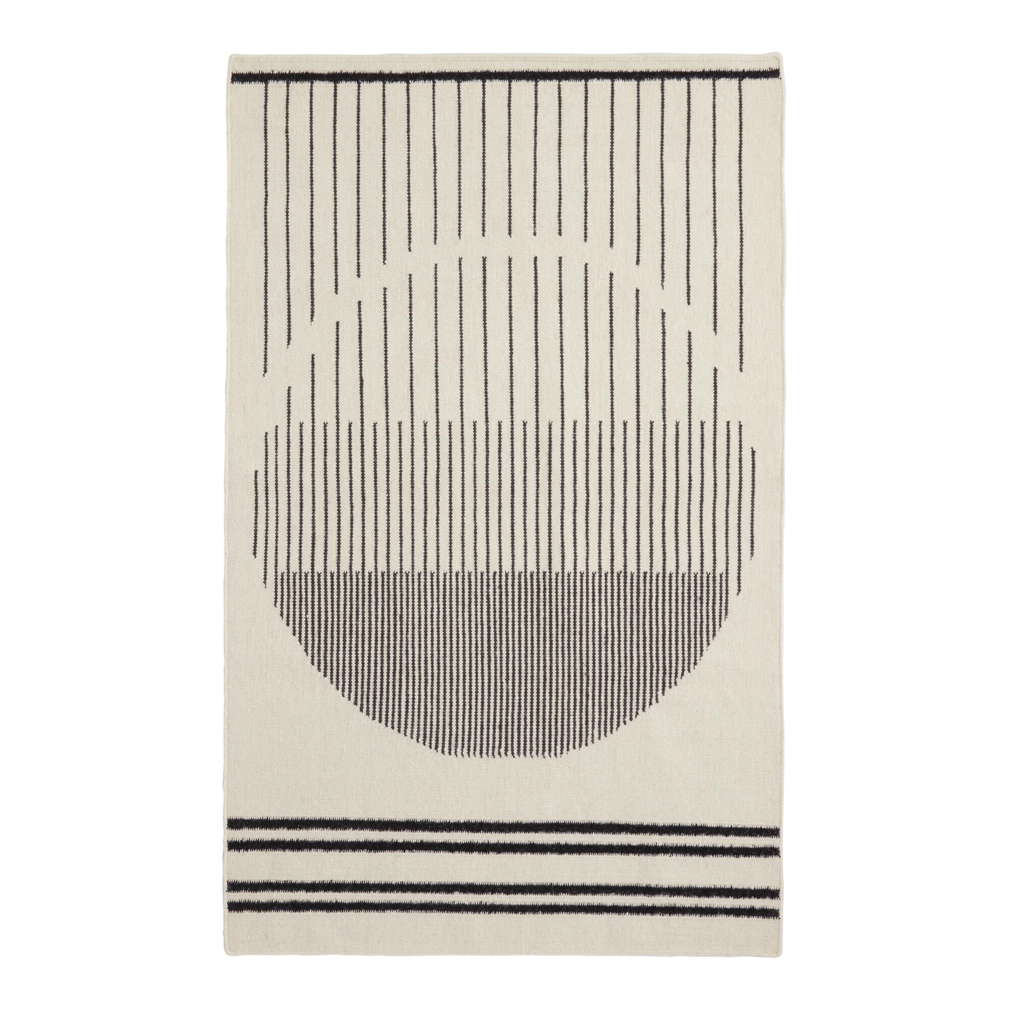 Ivory and Black Geometric Stripe Wool Kilim Tribeca Area Rug: White - 5' x 8' by World Market