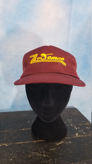 Vintage 90S Maroon Cotton Blend Snapback Trucker Hat Seed Cap With Gold Embroidered "Demco" Insignia | Rv Towing Product Company