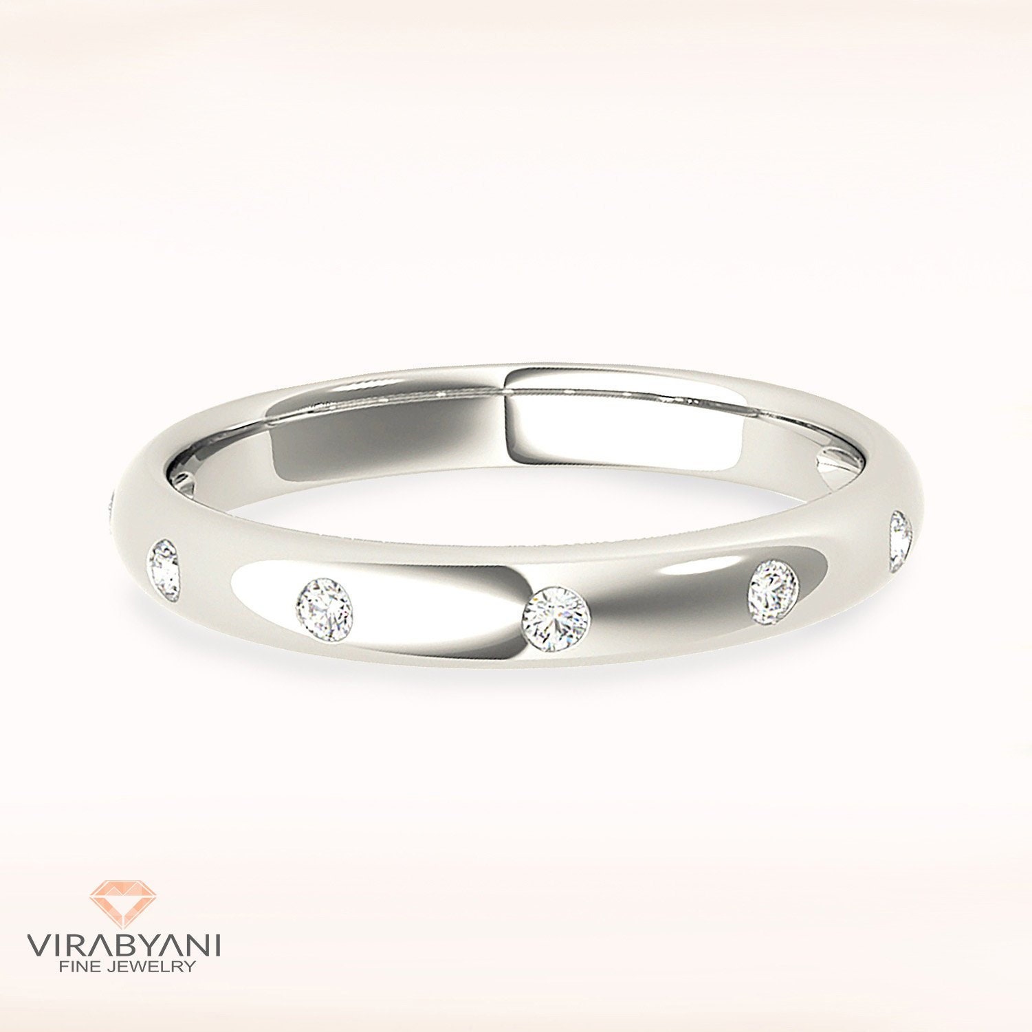 Diamond Wedding Band - 14K/18K Solid White Gold/Platinum | Classic Ring With Bezel Set Diamonds Anniversary Band