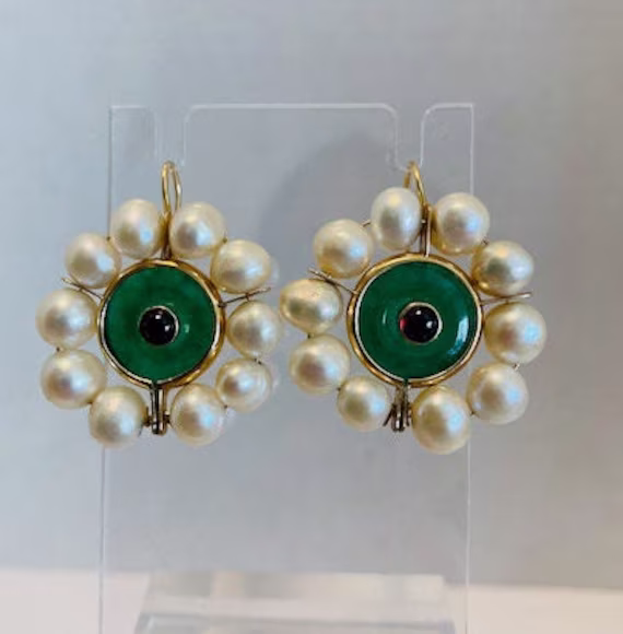 Vintage 14 Kt Pearl & Green Jade Floral Design Earrings